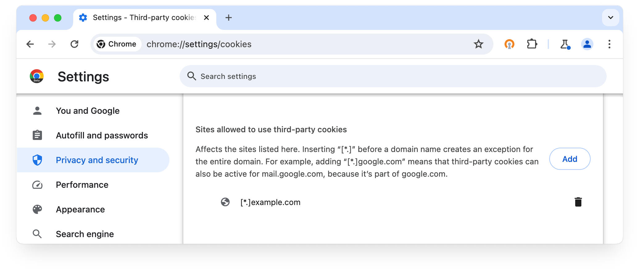 chrome://settings/cookies: אתרים שמורשים להשתמש בקובצי cookie של צד שלישי