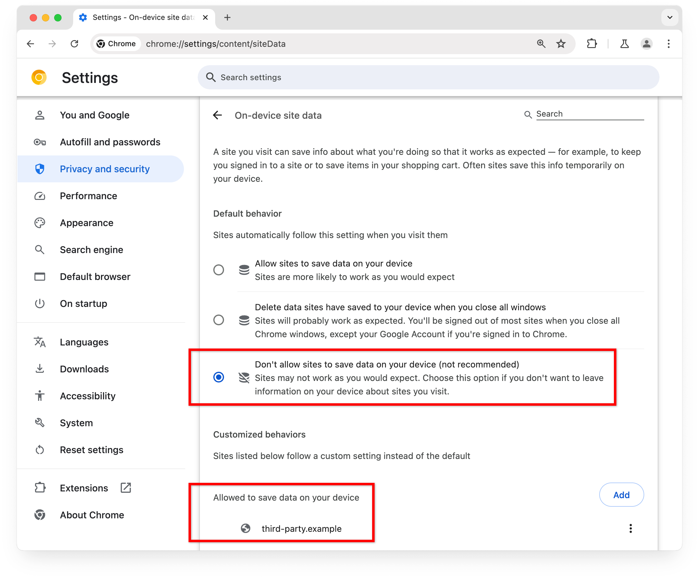 Chrome 설정 페이지: 사이트에서 기기에 데이터를 저장하도록 허용하지 않음이 선택되었습니다. third-party.example 사이트가 기기에 데이터를 저장할 수 있는 사이트에 추가되었습니다.