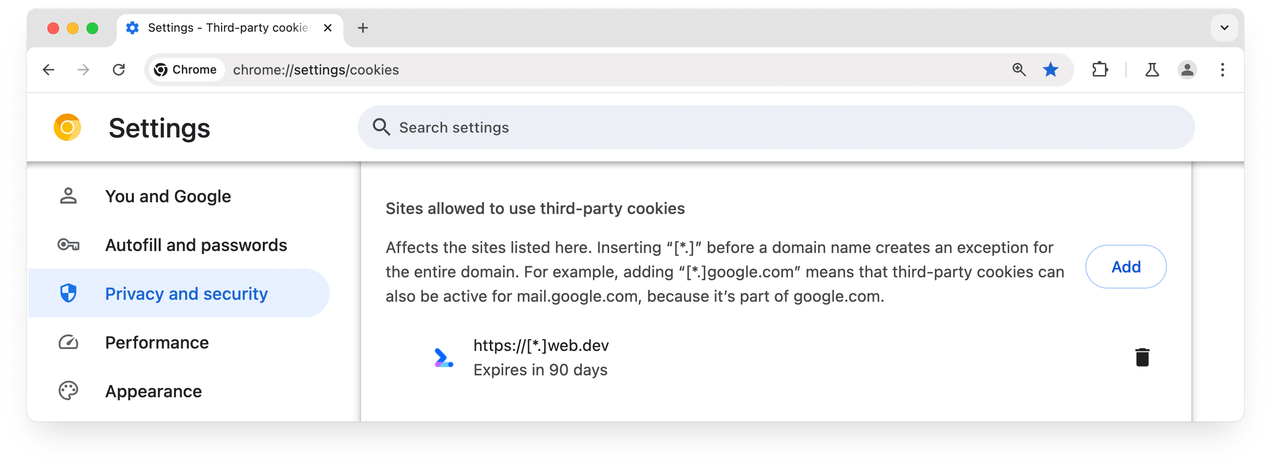 chrome://settings page showing sites allowed to use third-party cookies