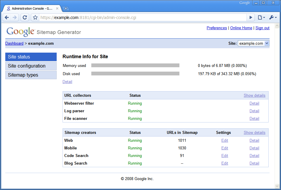 Screenshot di Google Sitemap Generator della console di amministrazione