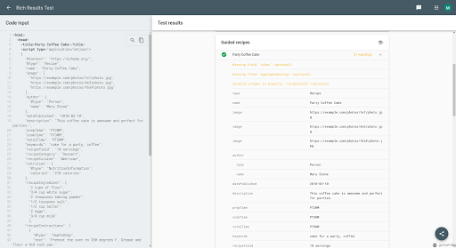 Guided Recipes in the Rich Results Test