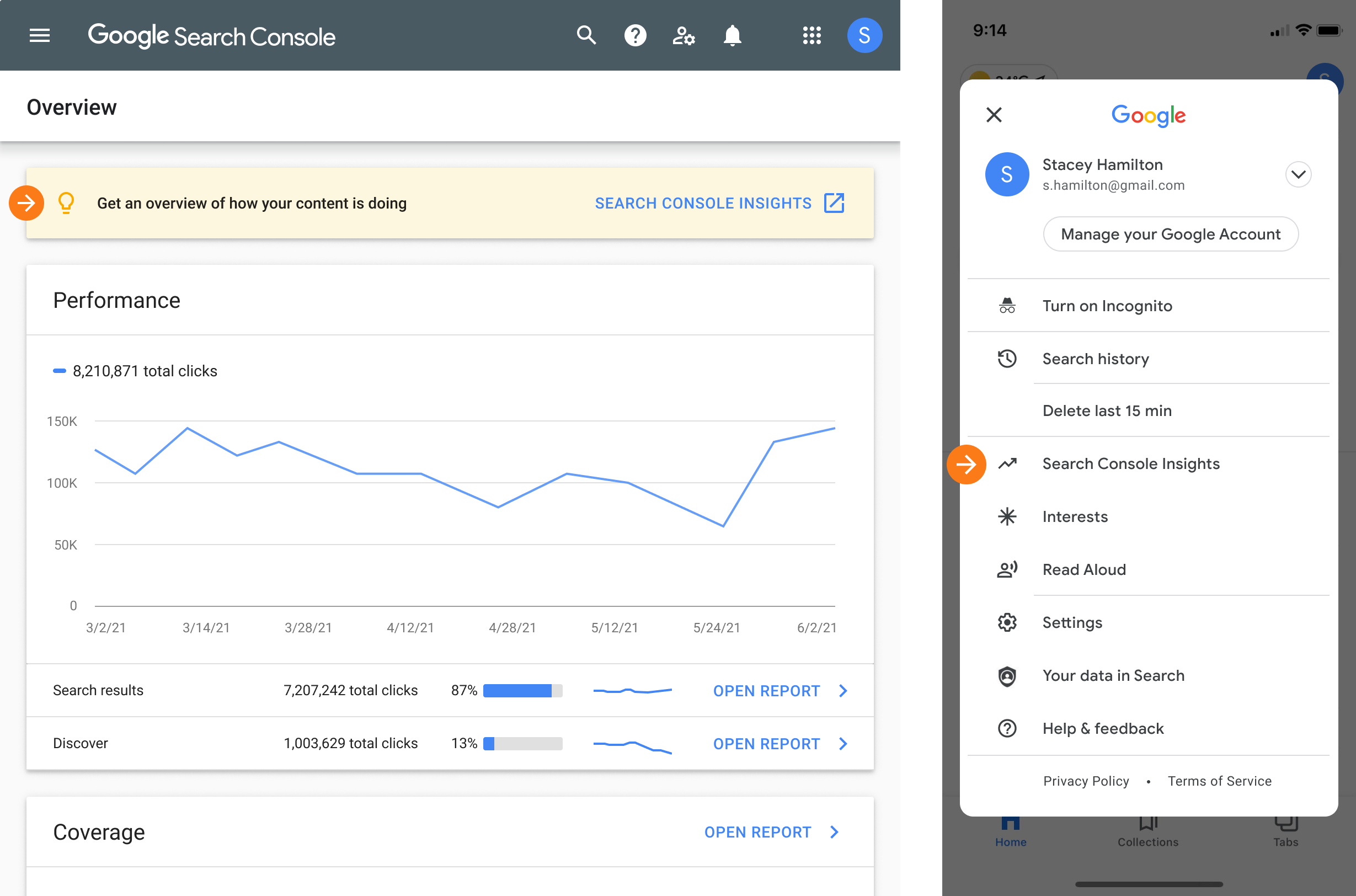 จุดแรกเข้าของ Search Console Insights