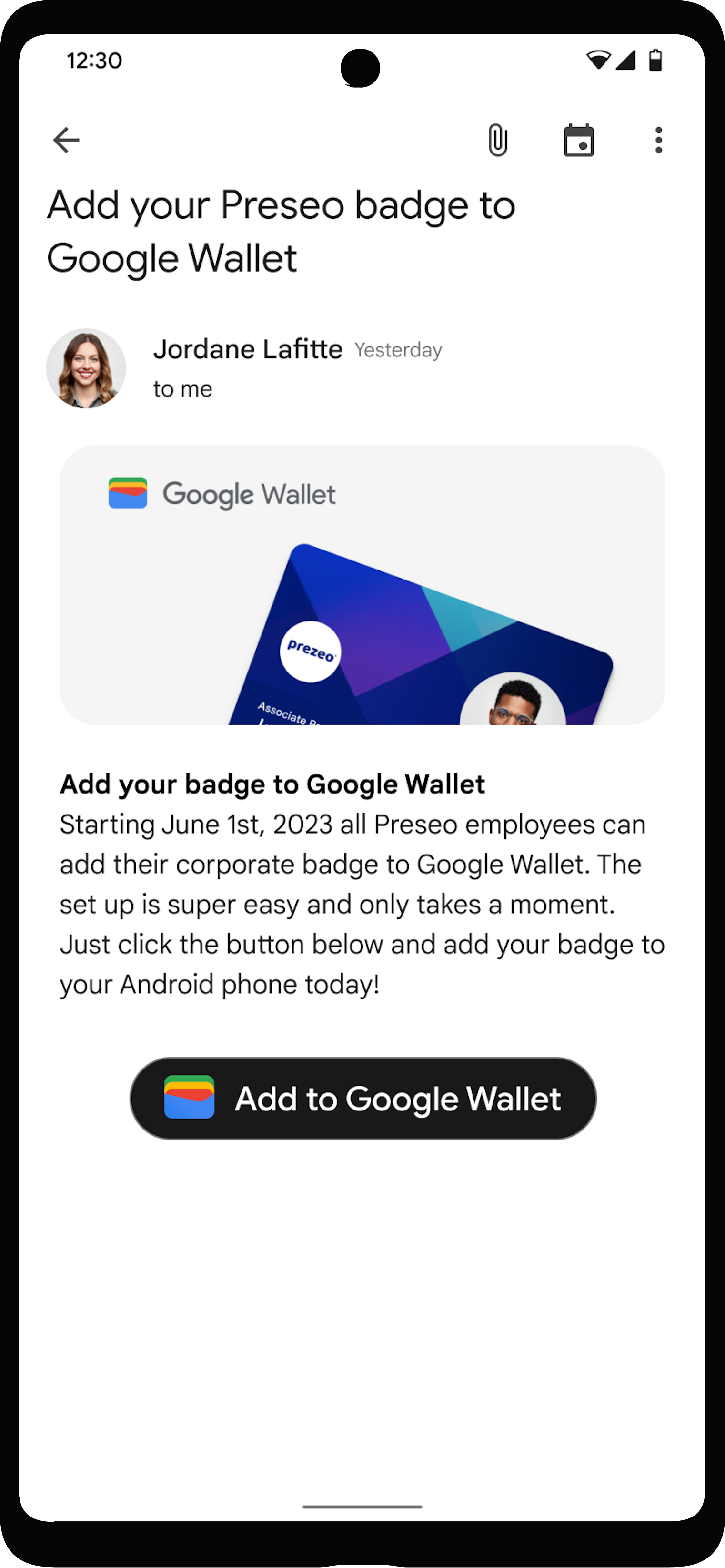 הלחצן &#39;הוספה ל-Google Wallet&#39; ממוקם במקום בולט באפליקציית חשבון המשתמש.