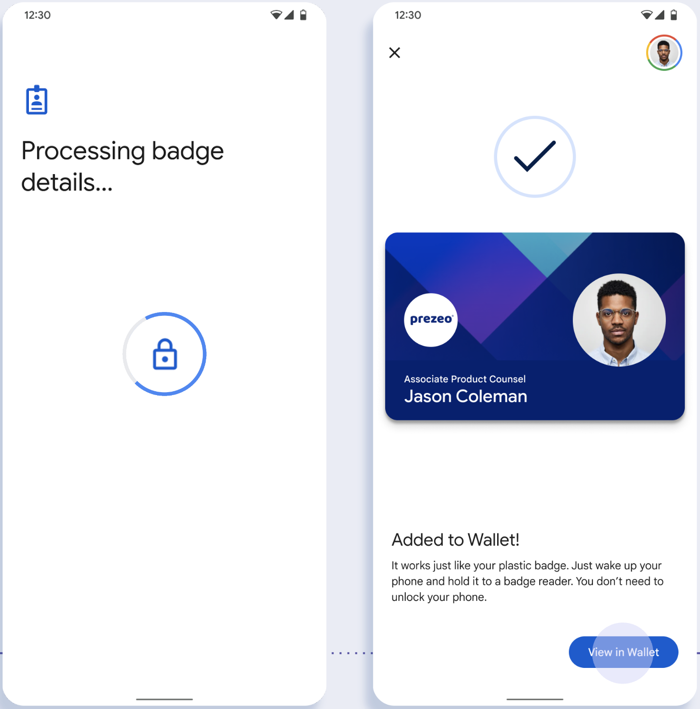 Auf dem ersten Bildschirm speichert die App die ID auf dem Smartphone des Nutzers. Auf dem zweiten Bildschirm wird die ID gespeichert und eine Erfolgsmeldung angezeigt.