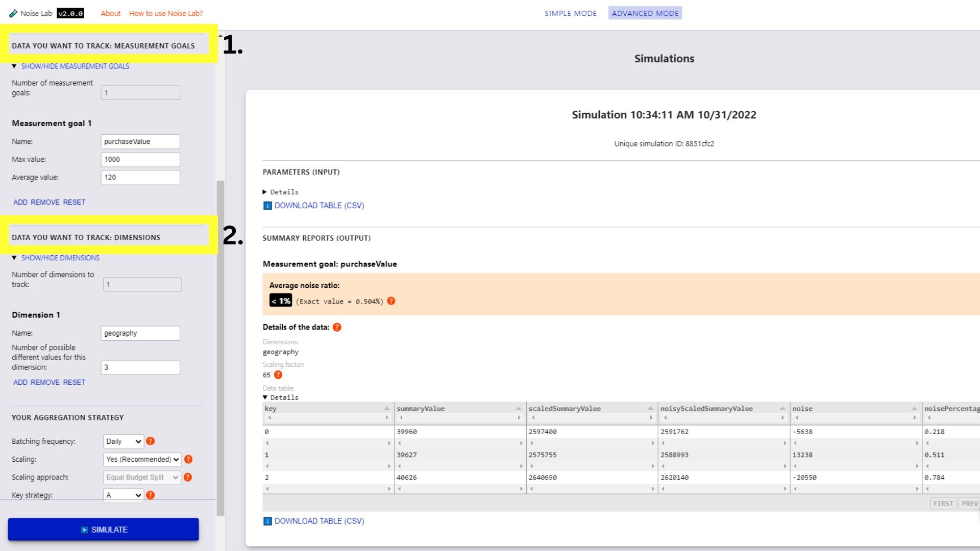 Mode lanjutan menawarkan kontrol untuk sasaran dan dimensi pengukuran yang dapat dilacak, yang ditandai di sidebar.