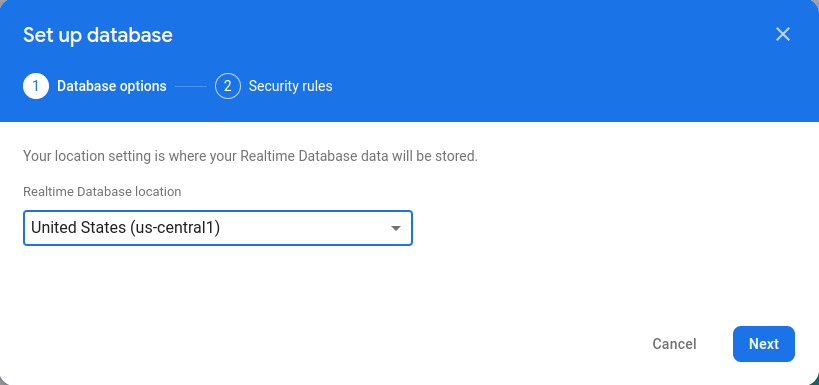 Menú desplegable de la ubicación de Realtime Database en el cuadro de diálogo Configurar base de datos 