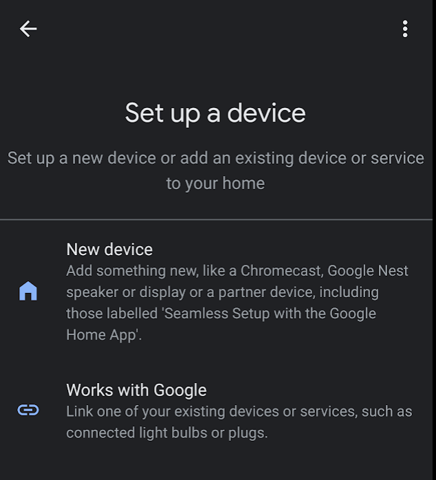 La página Configura un dispositivo en la app de Google Home