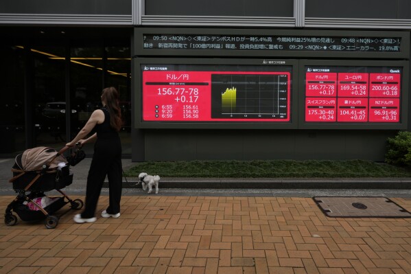 A woman walks her dog strolling past monitors showing Japan's foreign exchange rate against the U.S. dollar and other foreign currencies at a securities firm in Tokyo, Thursday, June 13, 2024. (AP Photo/Hiro Komae)