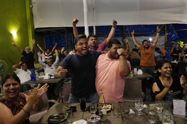 Cricket fans cheer while watching the live coverage of the ICC Men's T20 World Cup final match between India and South Africa being played at Bridgetown, Barbados in Mumbai, India, Saturday, June 29, 2024. (AP Photo/Rajanish Kakade)