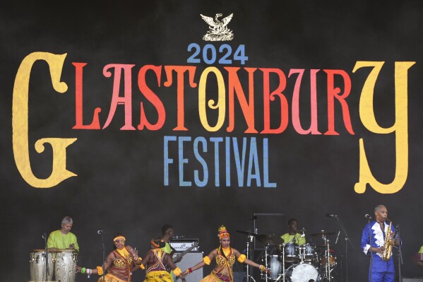 Femi Kuti performs during the Glastonbury Festival in Worthy Farm, Somerset, England, Saturday, June 29, 2024. (Scott A Garfitt/Invision/AP)