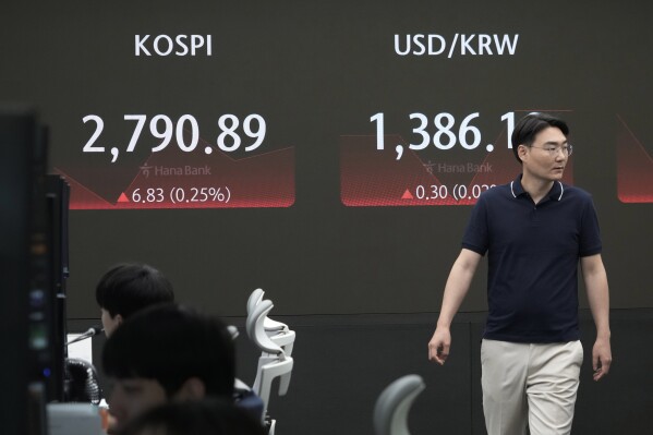 A currency trader passes by the screen showing the Korea Composite Stock Price Index (KOSPI), left, and the foreign exchange rate between U.S. dollar and South Korean won at the foreign exchange dealing room of the KEB Hana Bank headquarters in Seoul, South Korea, Friday, June 28, 2024. (AP Photo/Ahn Young-joon)
