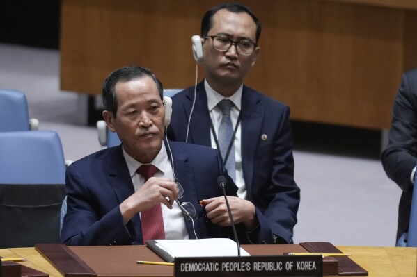 North Korean ambassador to the United Natiopns Song Kim finishes speaking during a Security Council meeting at United Nations headquarters, Friday, June 28, 2024. (AP Photo/Seth Wenig)