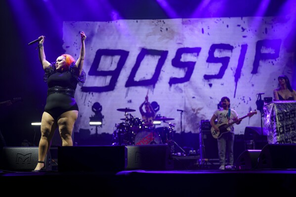 Beth Ditto, of the band Gossip, performs during the Glastonbury Festival in Worthy Farm, Somerset, England, Saturday, June 29, 2024. (Scott A Garfitt/Invision/AP)