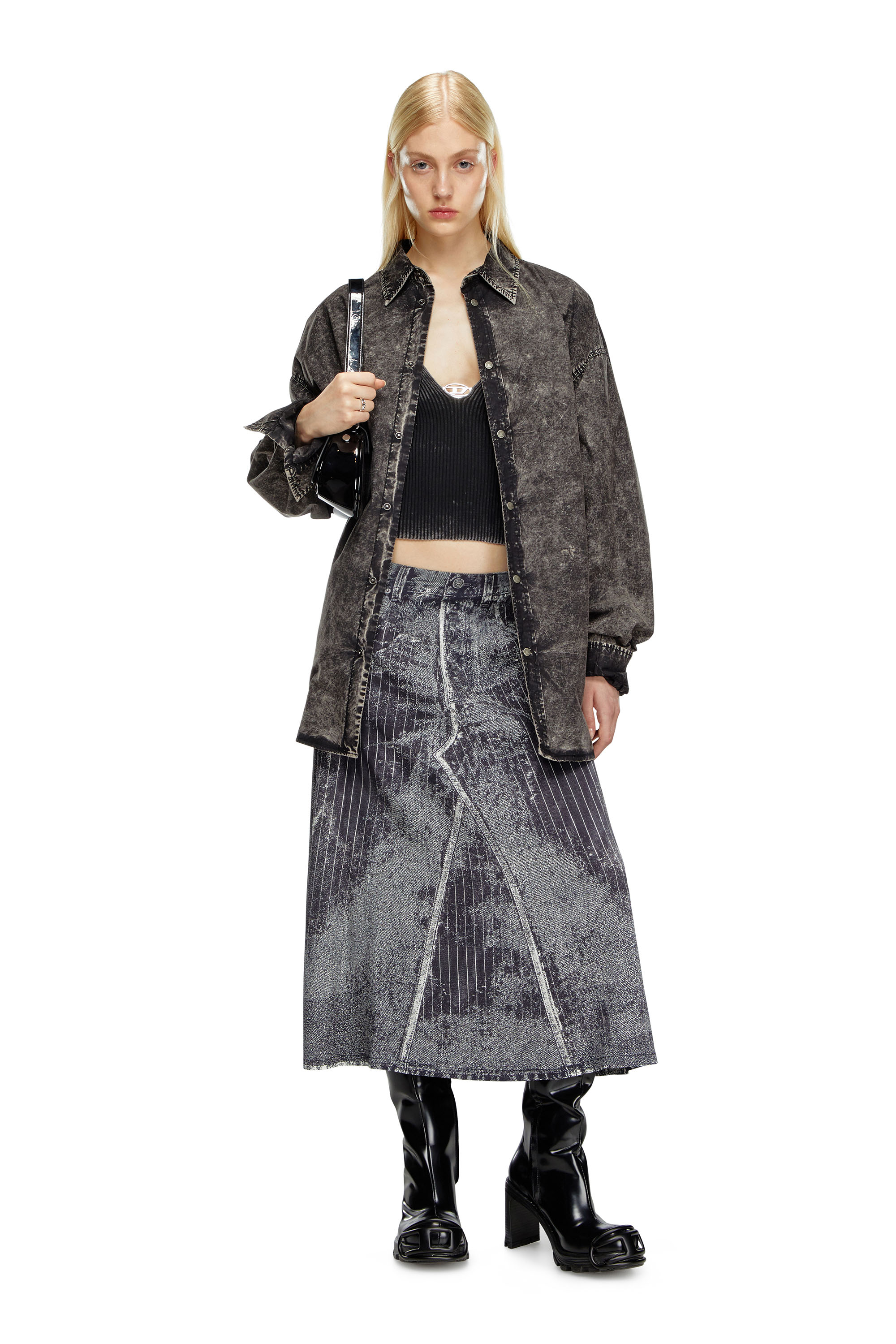 Diesel - O-HANNA, Woman Satin skirt with print of pinstripe denim in Black - Image 2