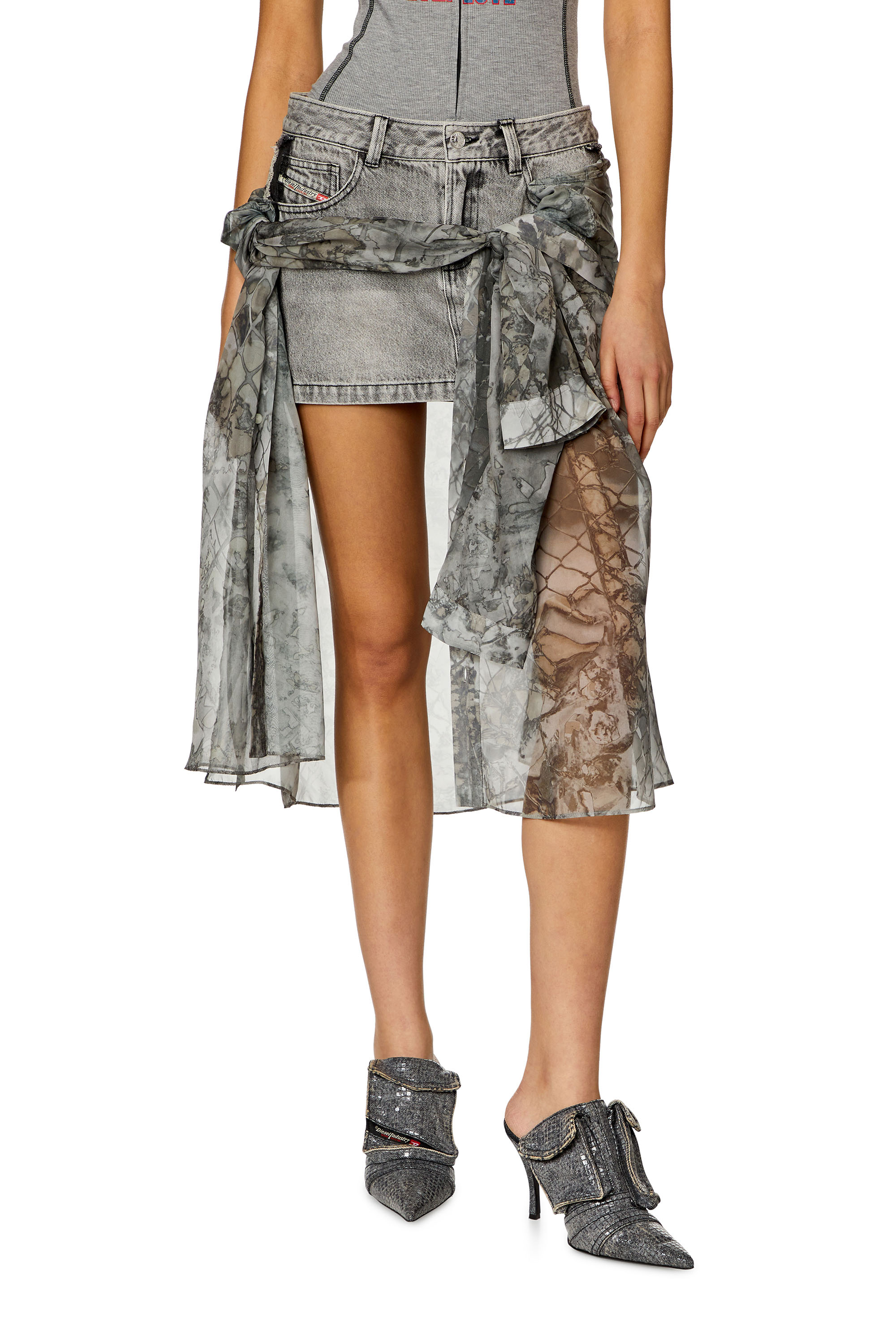 Diesel - O-JEANY, Woman Denim mini skirt with chiffon overlay in Grey - Image 1