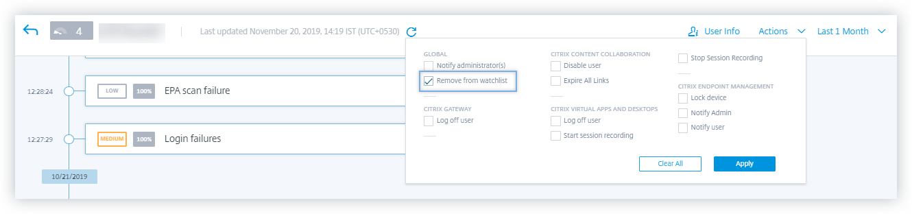 Acción para eliminar de la lista de seguimiento