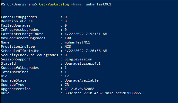 Comando de PowerShell para comprobar el estado de la actualización de versión del VDA