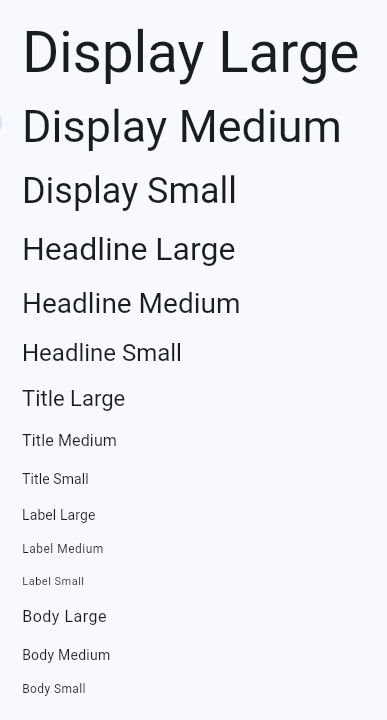 Listing of typographical scale for Material TextTheme