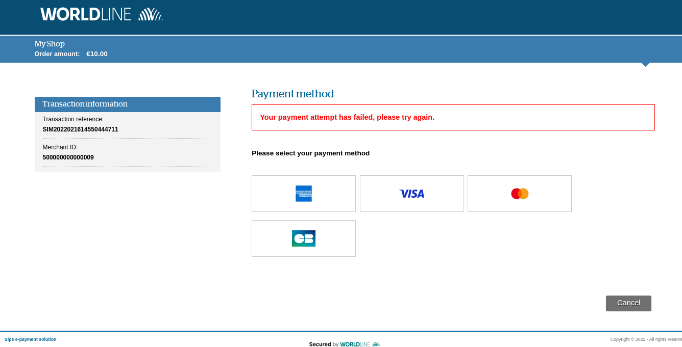 screenshot with the message: your payment attempt failed, please try again