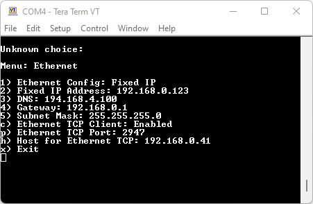 Ethernet TCP Client configuration