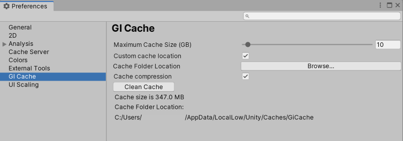 Preferences 窗口中的 GI Cache 范围