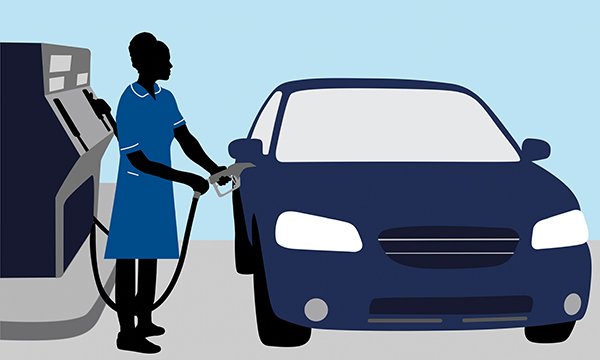 Illustration of article about NHS mileage rates shows nurse filling her car at a petrol pump