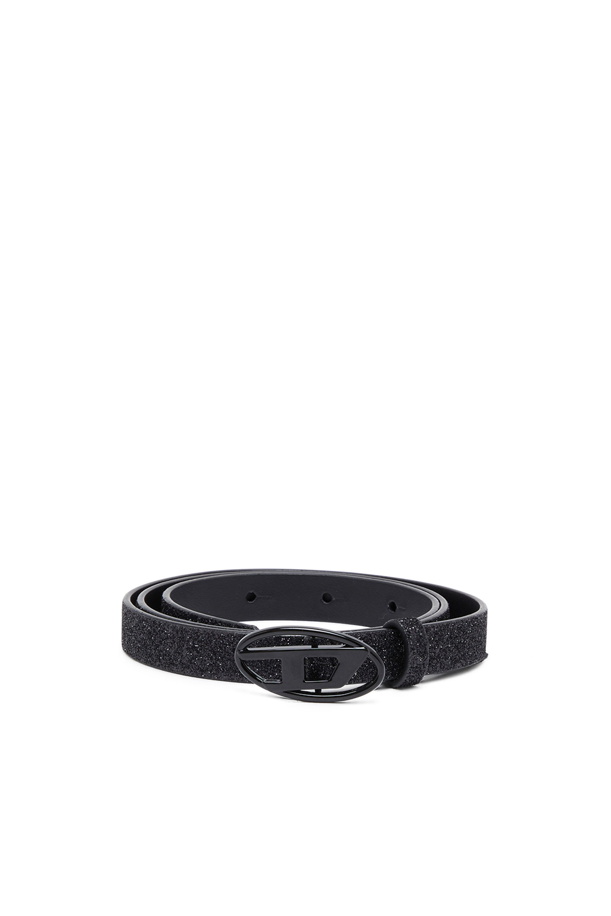 Diesel - B-1DR 15, Woman Slim glittery belt with Oval D buckle in Black - Image 1