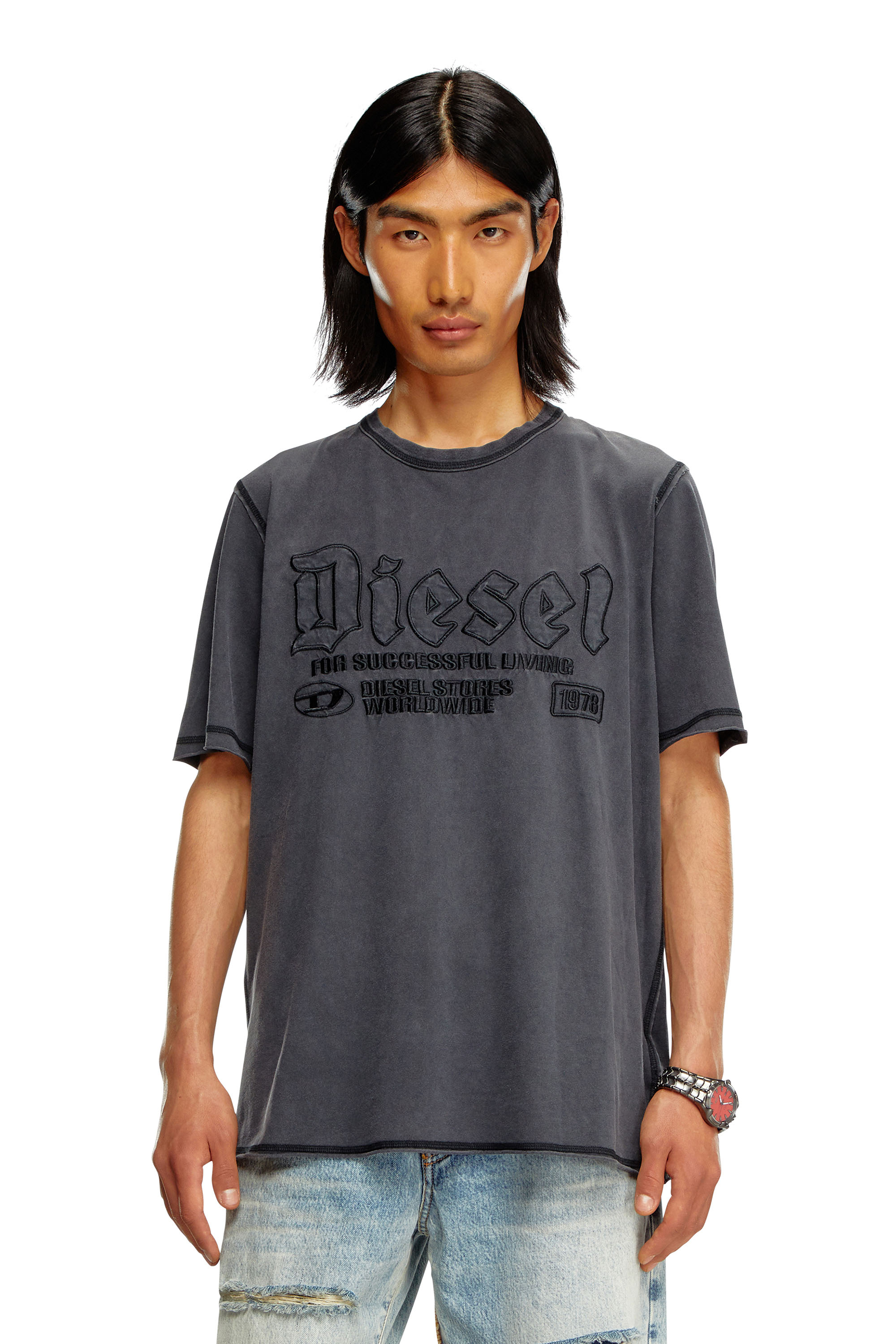 Diesel - T-RAWJUST, Man Faded T-shirt with tonal embroidery in Black - Image 1