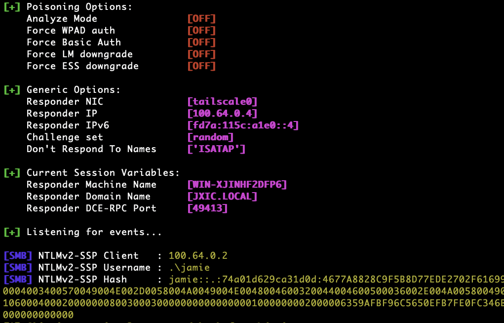 Screenshot from Responder, showing an NTLMv2-SSP Hash for Jamie received over SMB from 100.64.0.2