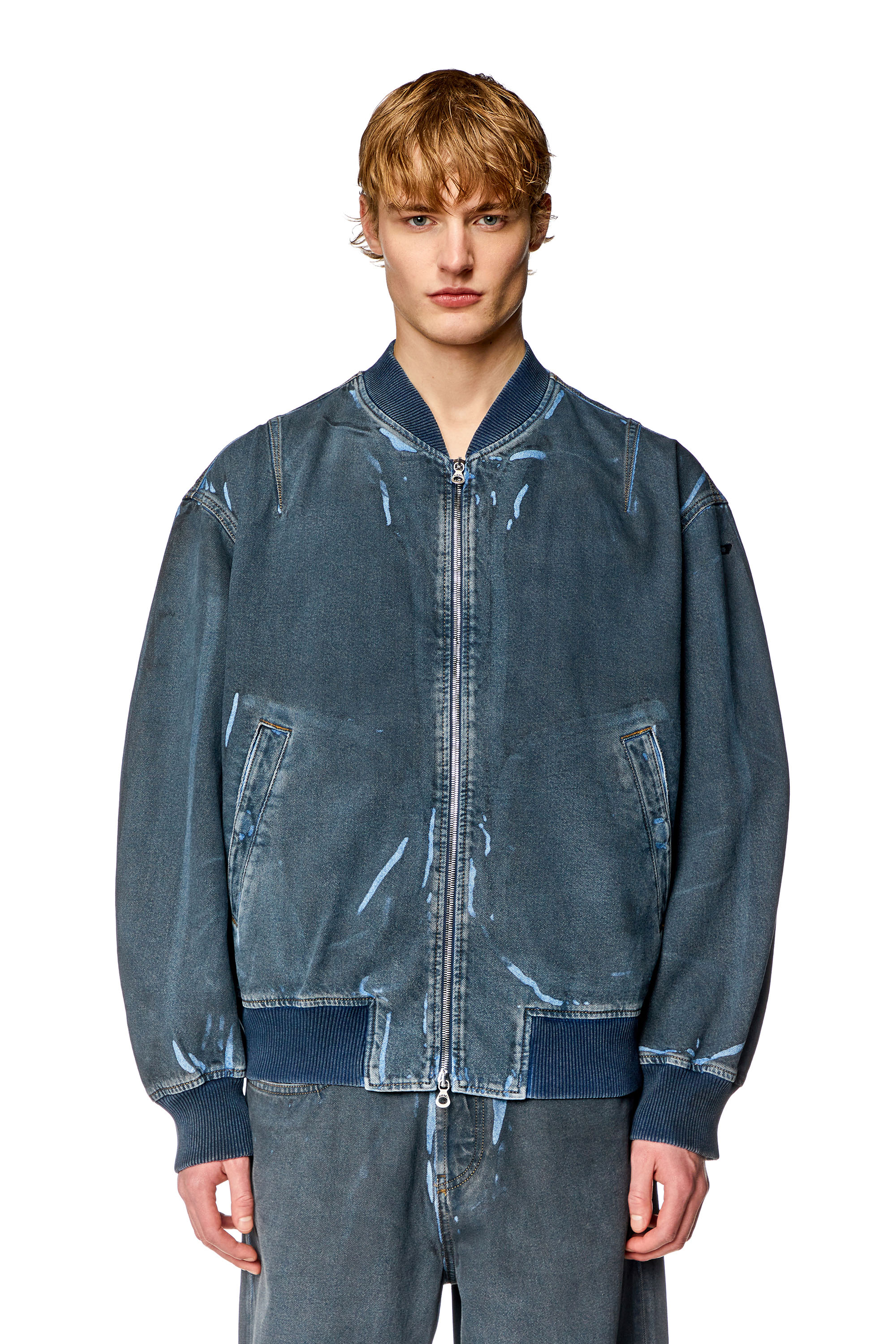 Diesel - D-VINZ-S, Man Bomber jacket in used-effect coated denim in Blue - Image 1