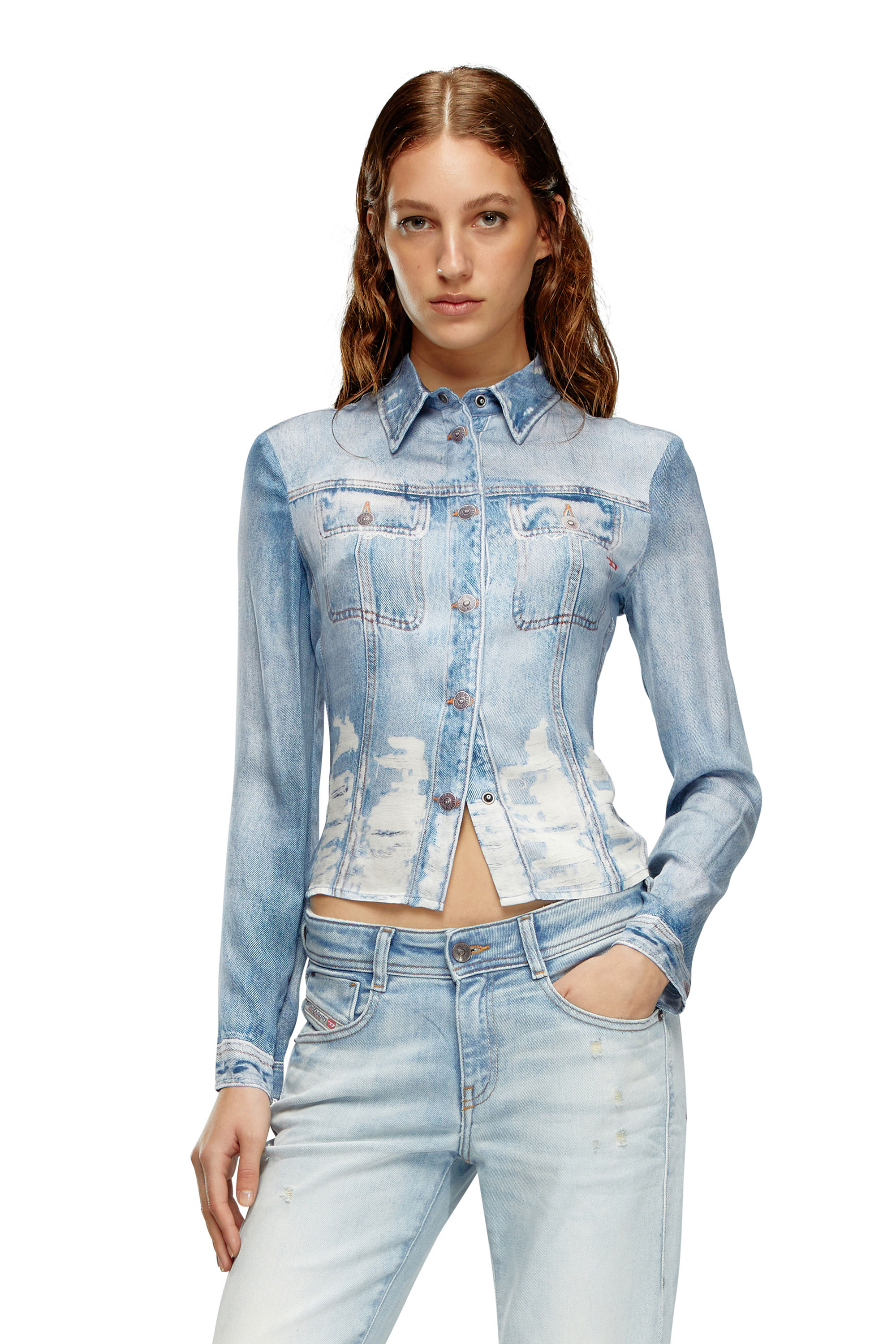 Diesel - C-LORELLE, Woman Cropped shirt with denim print in Blue - Image 1