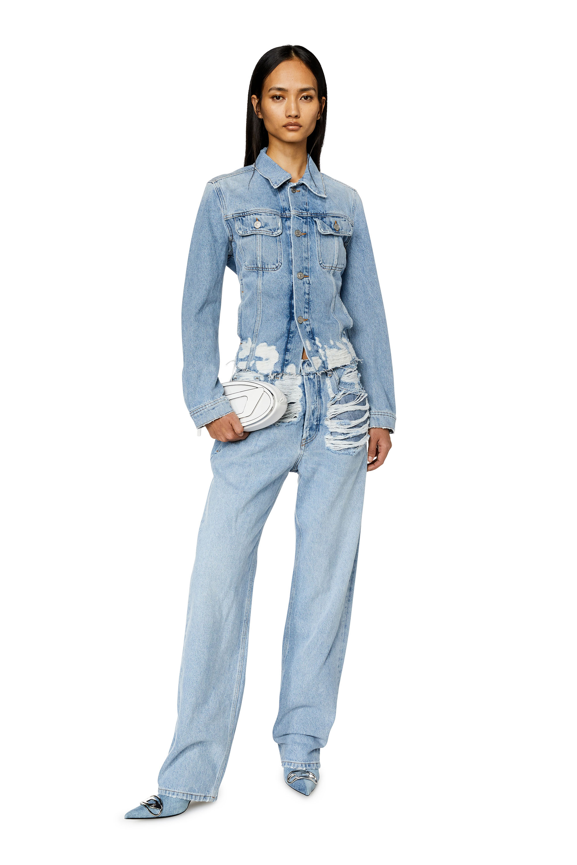 Diesel - DE-BONNY-S3, Woman Trucker jacket in destroyed denim in Blue - Image 1