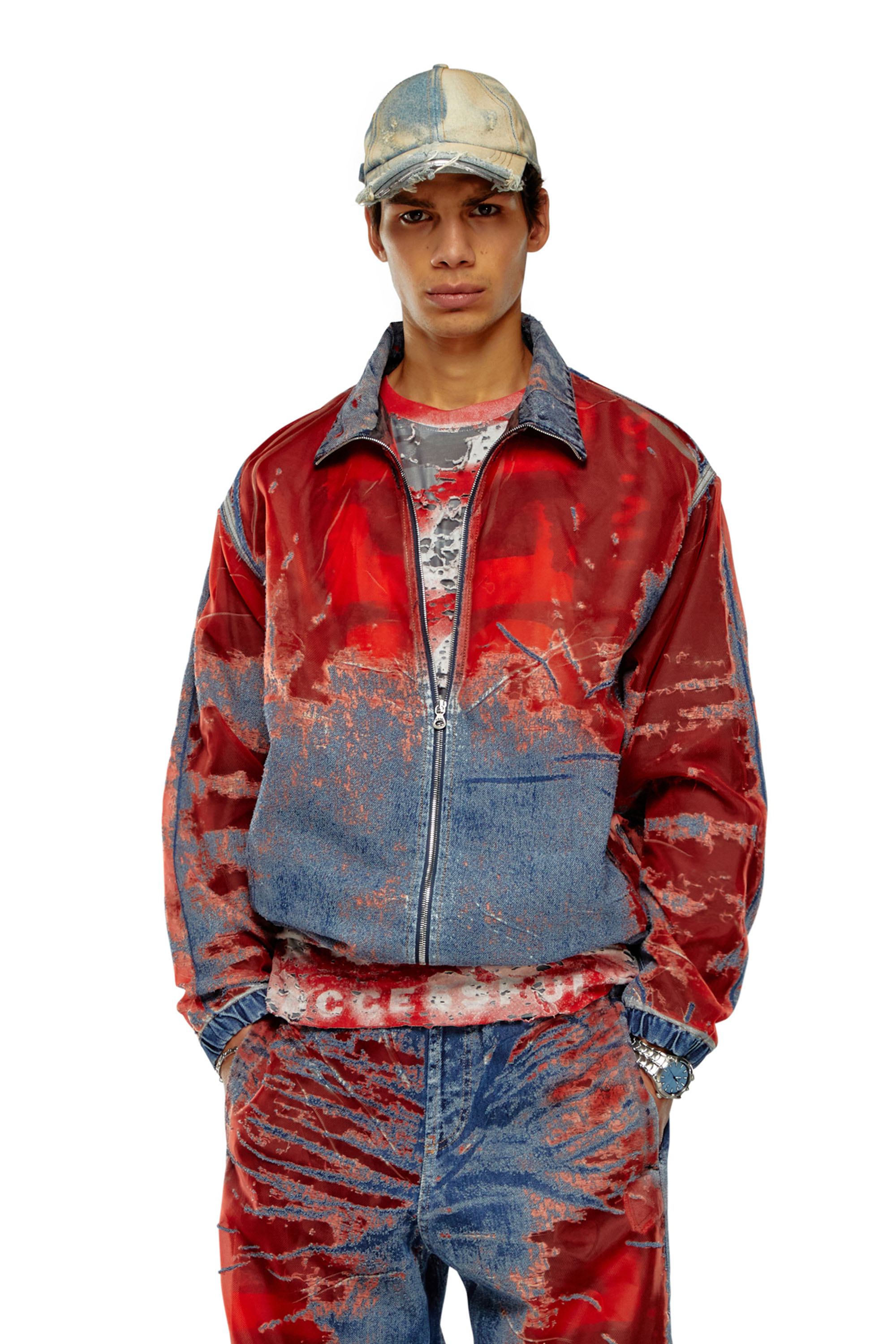 Diesel - D-KRAP-FSE, Man Jacket in devoré denim with logo in Multicolor - Image 1