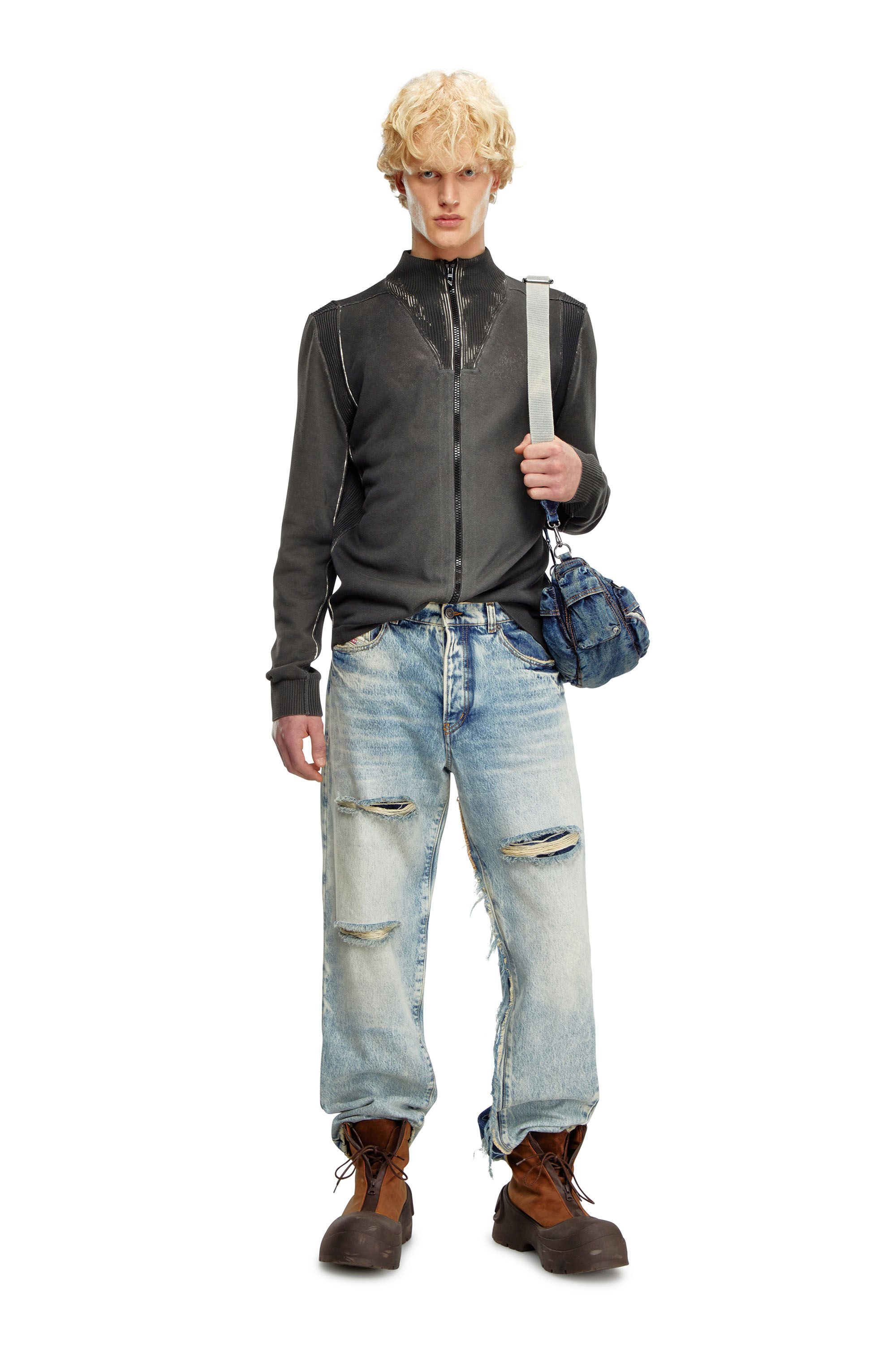 Diesel - K-DENIM-ZIP, Man Zip cardigan in treated cotton in Black - Image 1