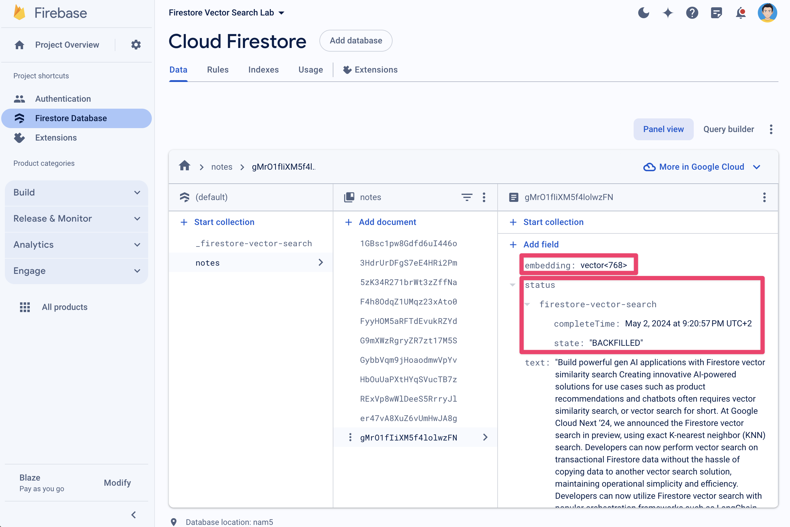 Firestore कंसोल के अंदर वेक्टर एम्बेडिंग फ़ील्ड