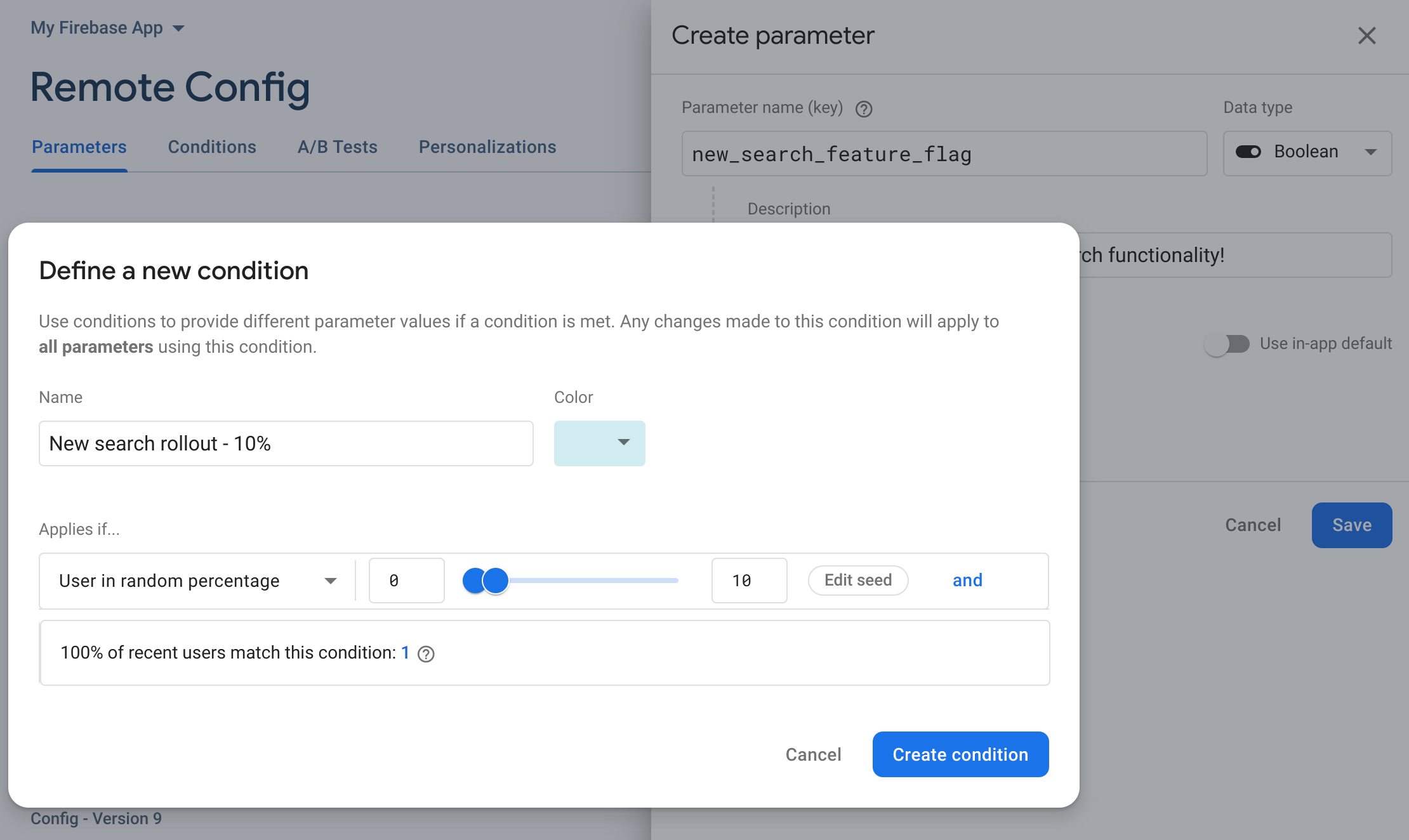 Gambar bergerak melalui langkah-langkah GUI Firebase console untuk melakukan peluncuran persentase pada parameter yang ada