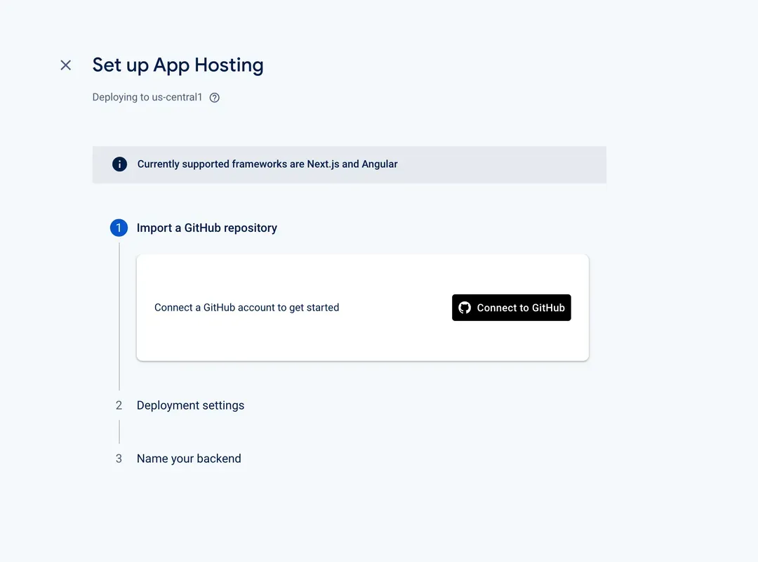 App Hosting setup wizard on step 1, with a "Connect to GitHub" button