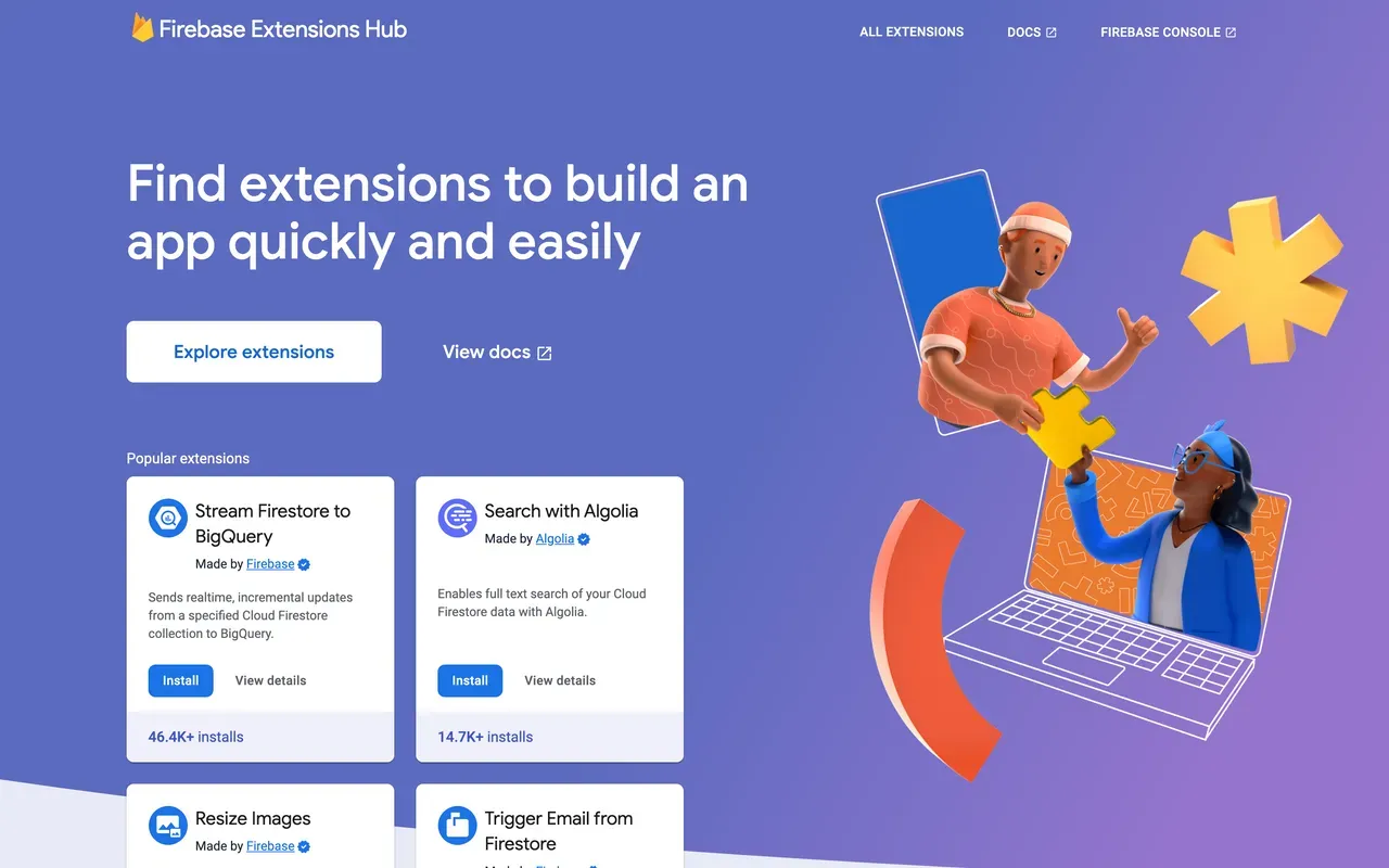 Check out the Firebase Extensions Hub to explore extensions and find documentation for building and publishing your first extension
