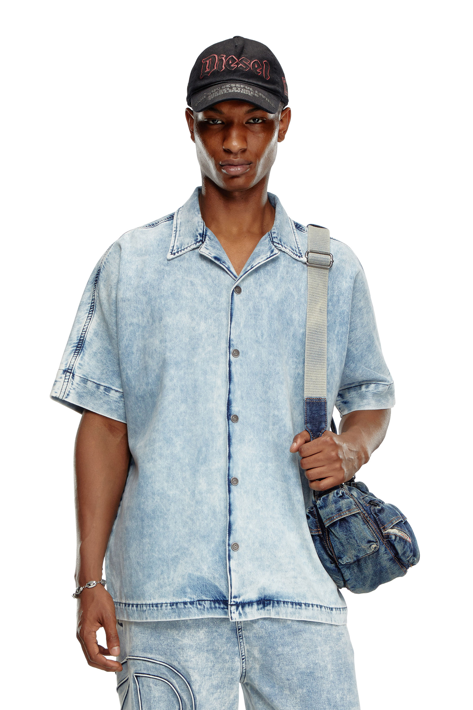 Diesel - D-NABIL-S, Man's Denim bowling shirt with Oval D in Light Blue - 4