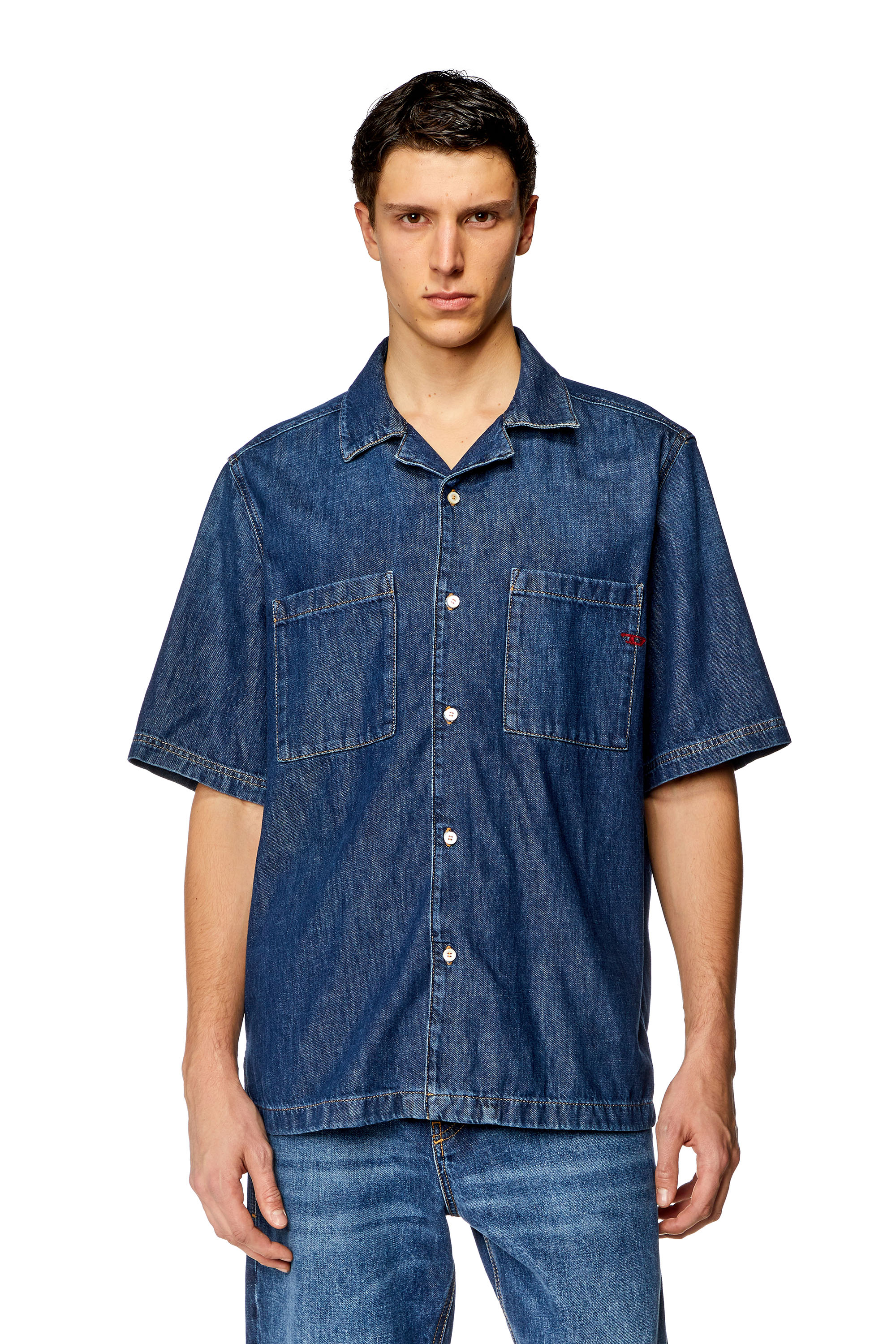 Diesel - D-PAROSHORT, Man's Bowling shirt in denim in Dark Blue - 5