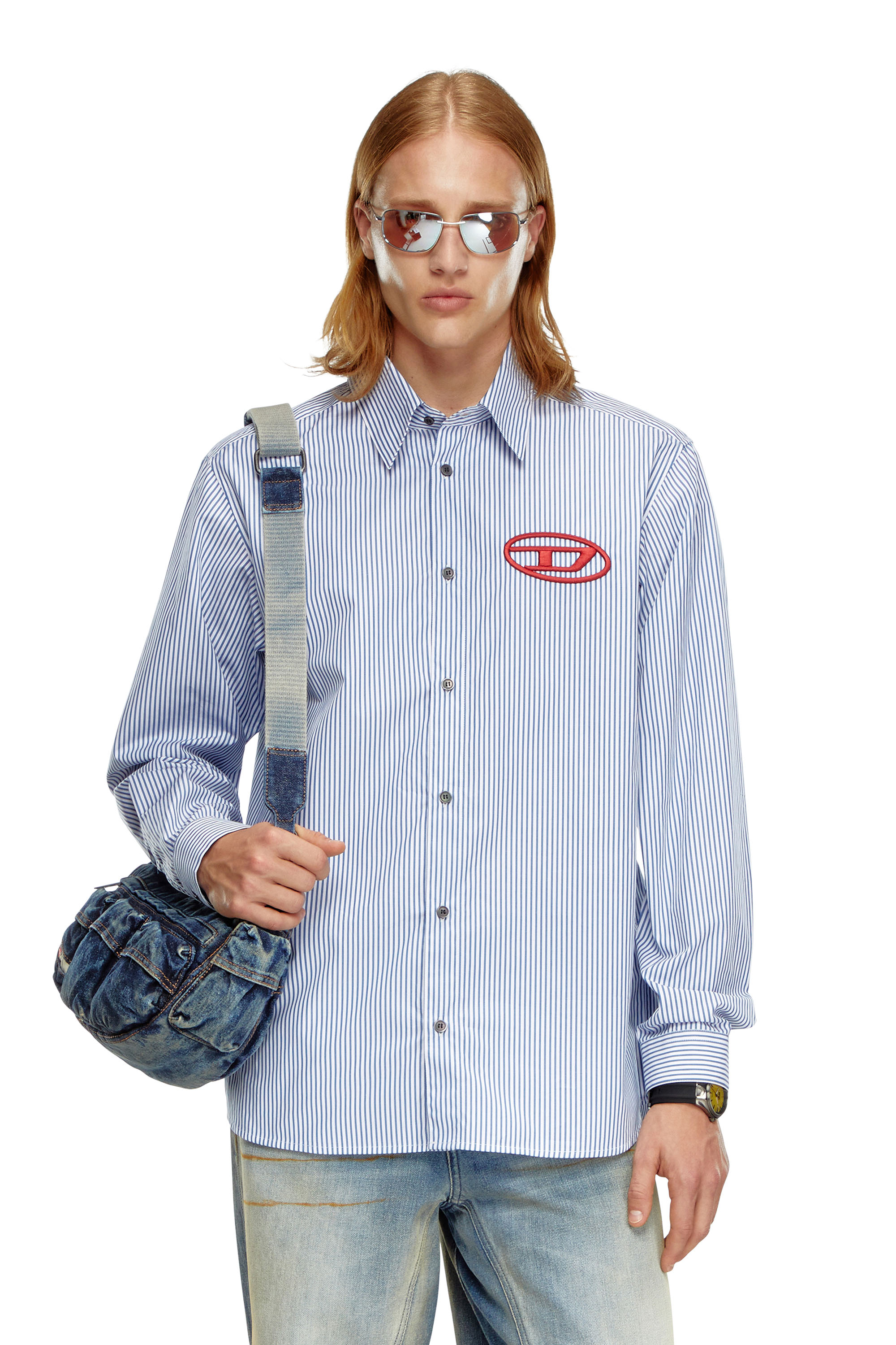 Diesel - S-SIMPLY-E, Man's Striped shirt with Oval D embroidery in Blue - 1