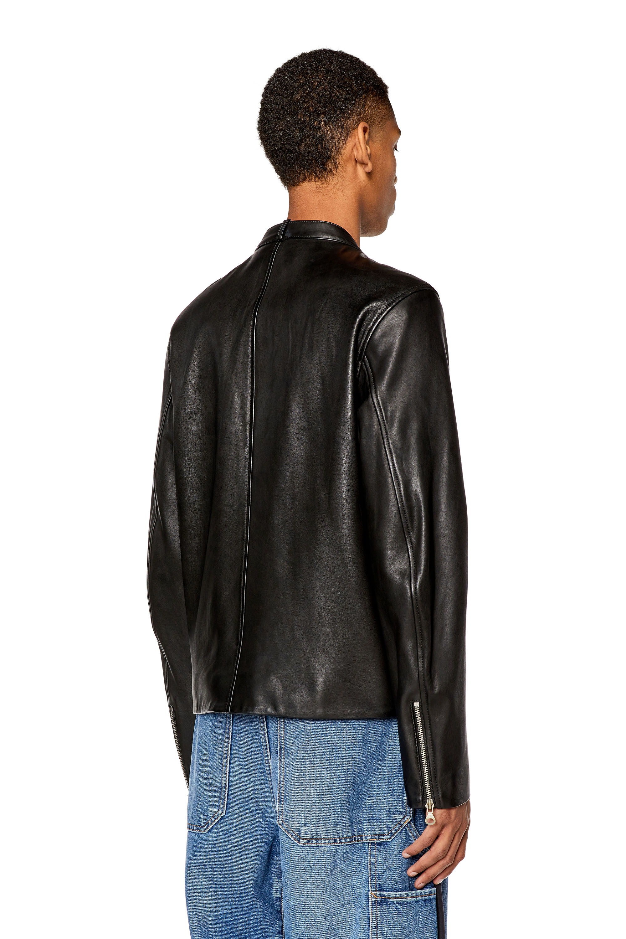Diesel - L-METALO, Man Leather biker jacket with distressed logo in Black - Image 5