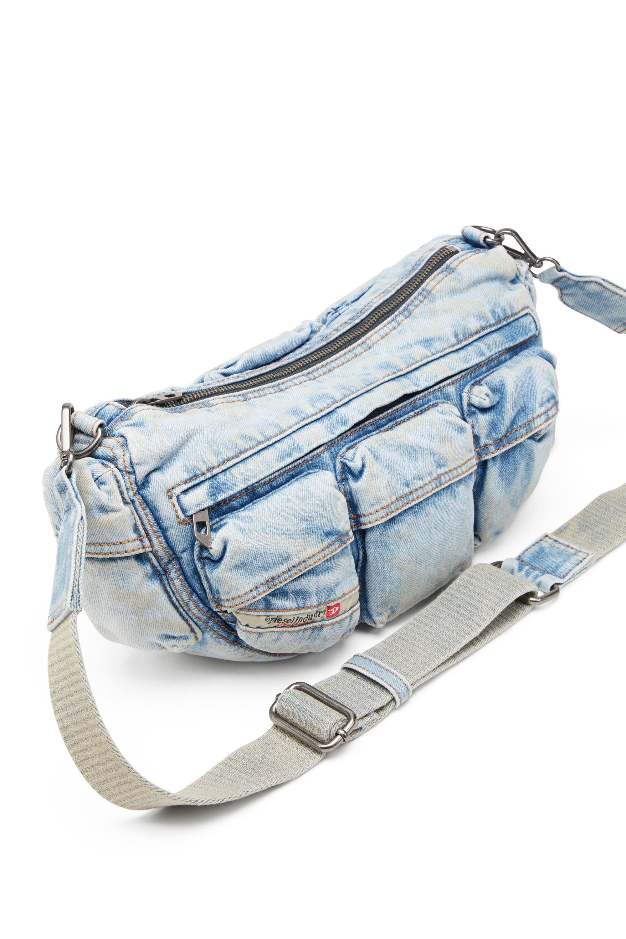 Diesel - RE-EDITION TRAVEL 3000 SHOULDER BAG X, Unisex Travel 3000-Multipocket bag in treated denim in Blue - Image 2