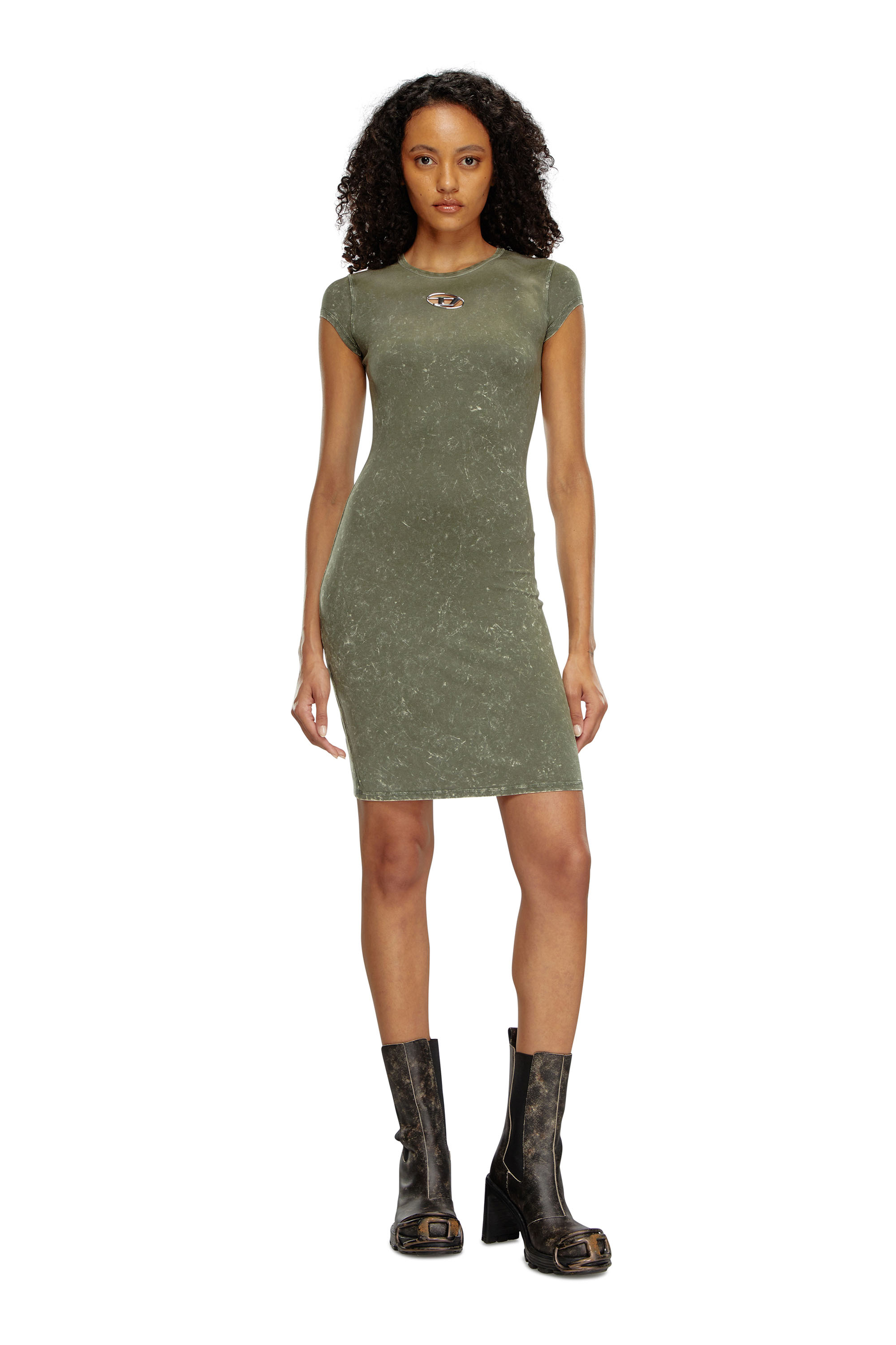 Diesel - D-ANGIEL-P1, Woman's Short dress in marbled stretch jersey in Olive Green - 3