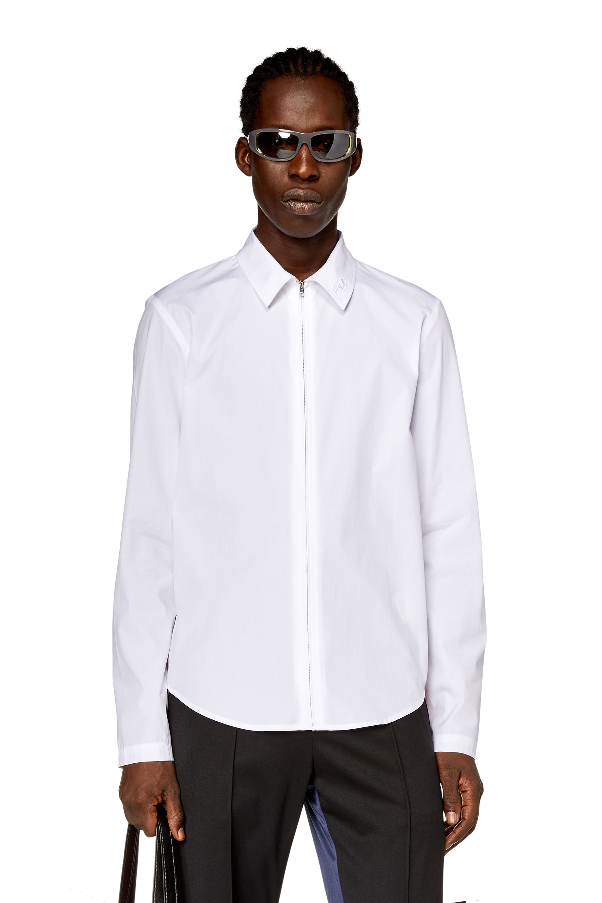 Diesel - S-STUCK, Man Logo-embroidered zip shirt in White - Image 1