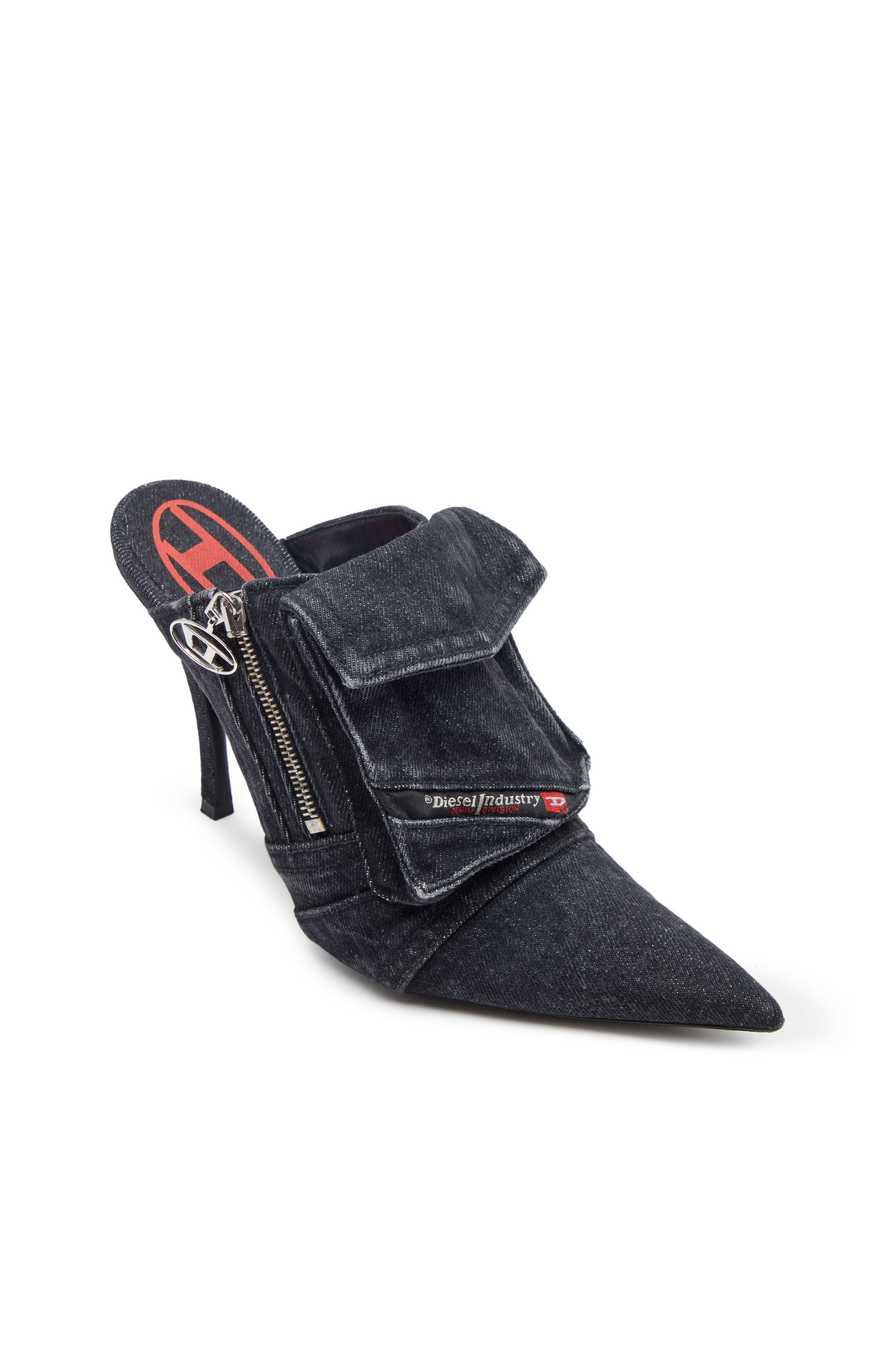 Diesel - D-VENUS POCKET ML, Woman D-Venus-Heeled mules in sun-faded denim in Black - Image 5