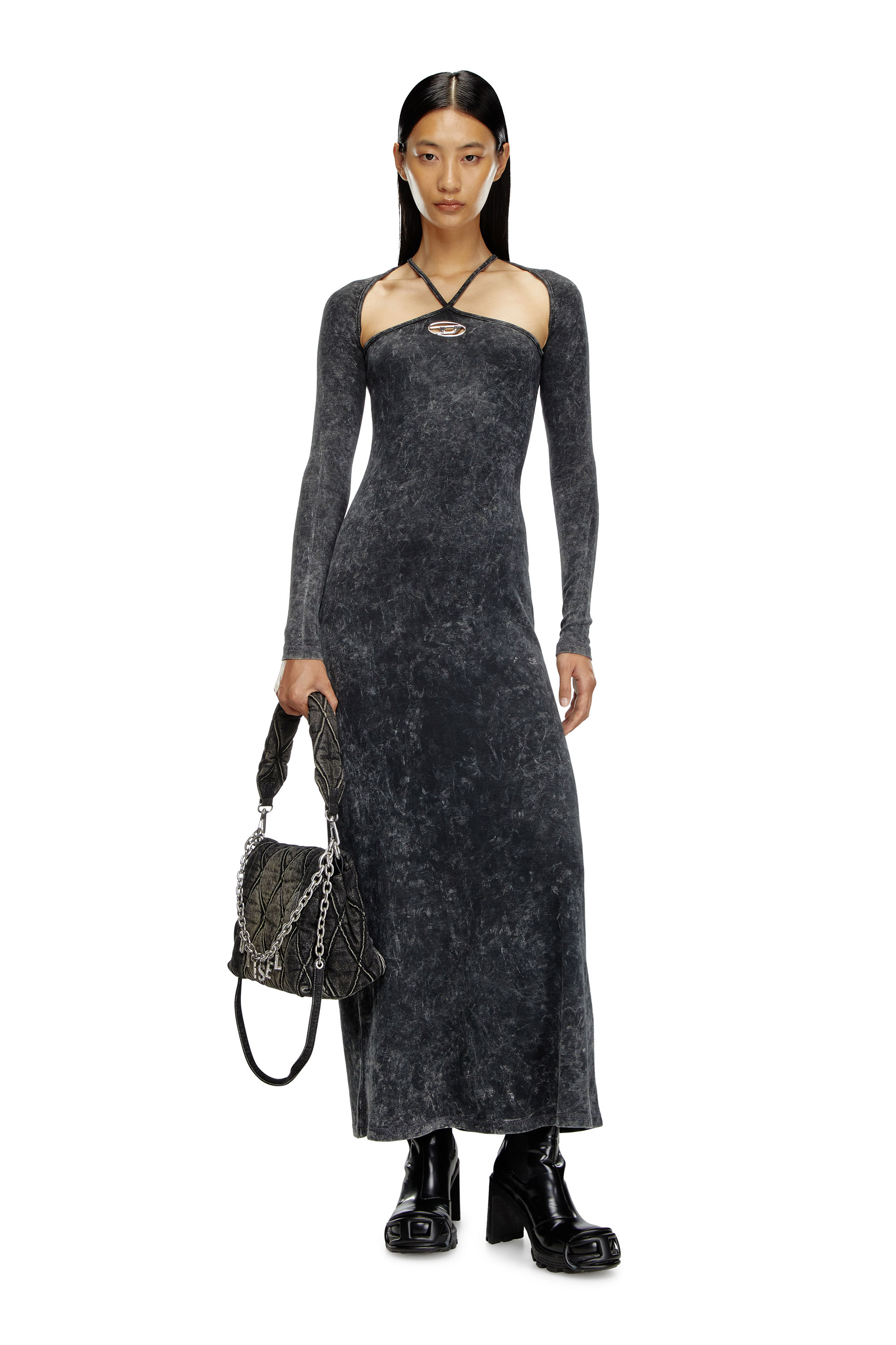 Diesel - D-MARINEL, Woman's Long dress with marbled effect in Black - 2