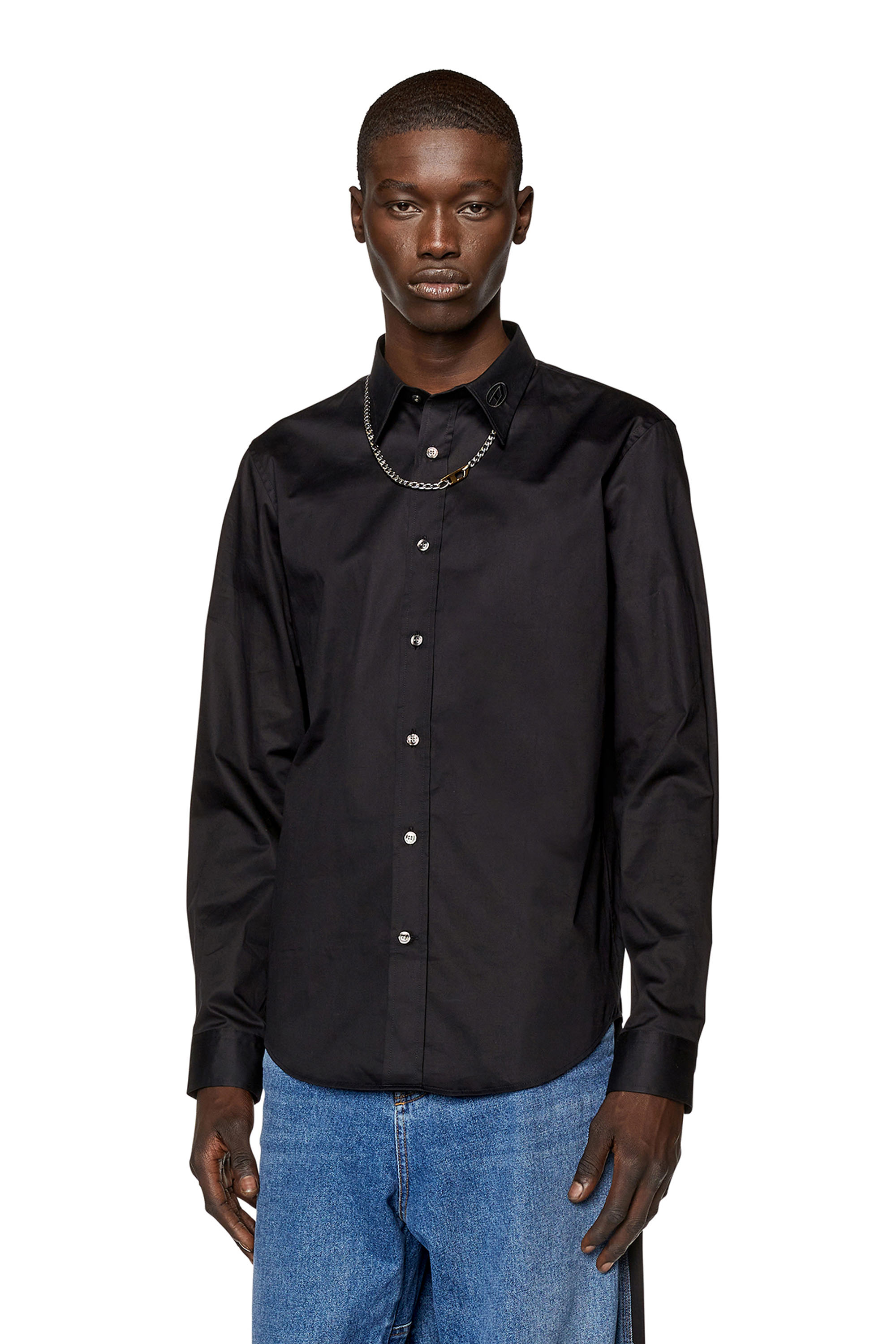 Diesel - S-BENNY-CL, Man Micro-twill shirt with tonal embroidery in Black - Image 1