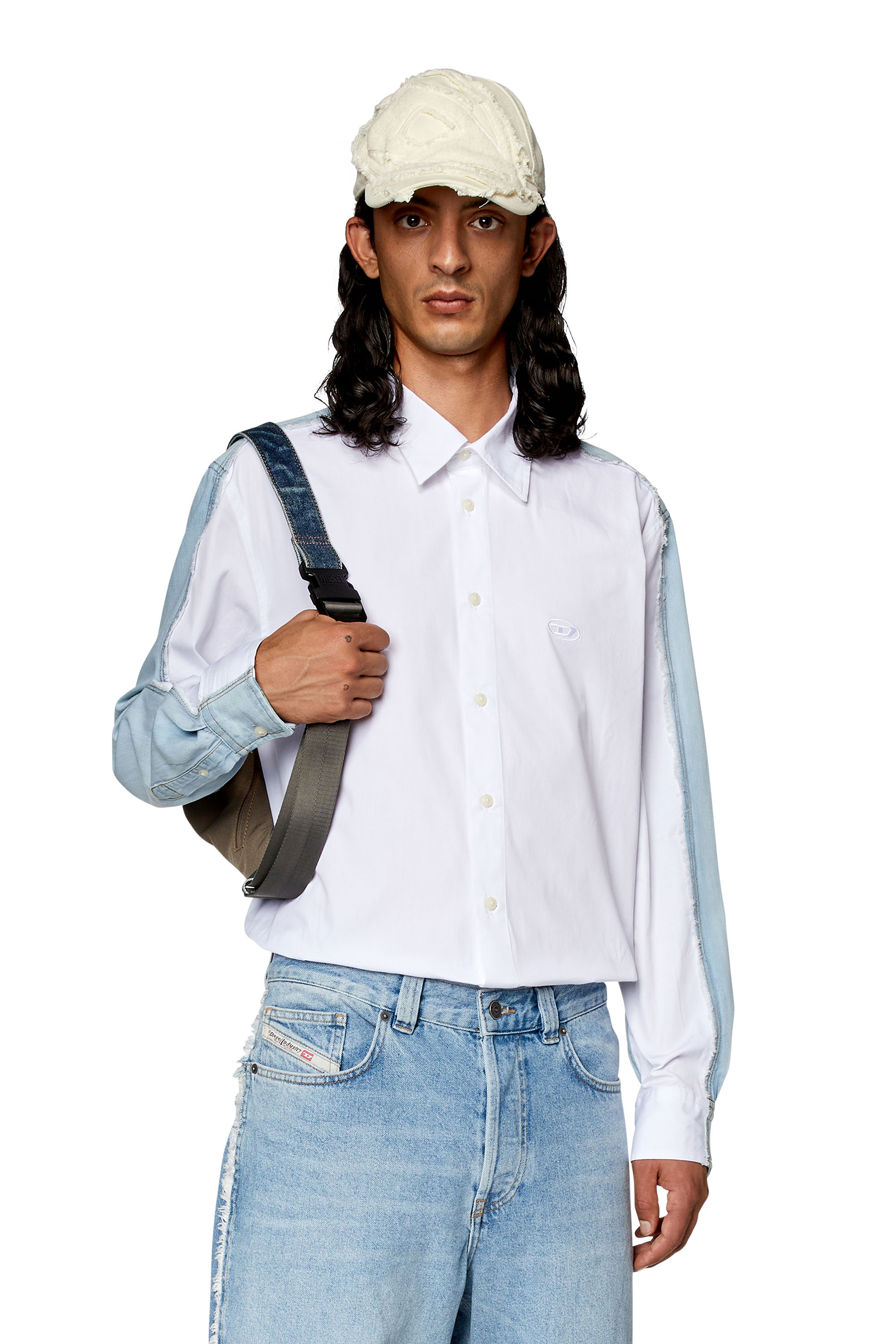 Diesel - S-WARH, Man Shirt in poplin and raw-edge denim in White - Image 1