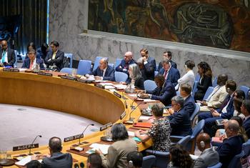 Sergey Lavrov (third from left at table), Minister for Foreign Affairs of Russian Federation and President of the Security Council for the month of July, chairs the Security Council meeting